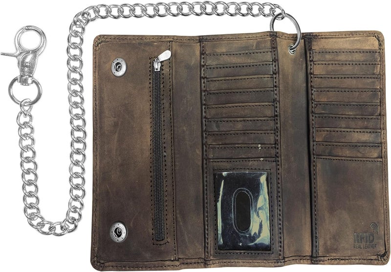 IBRO VINTAGE Motorcycle Chain Wallet for Men - Premium Cowhide Leather RFID Tri-Fold Biker Wallet - Image 1