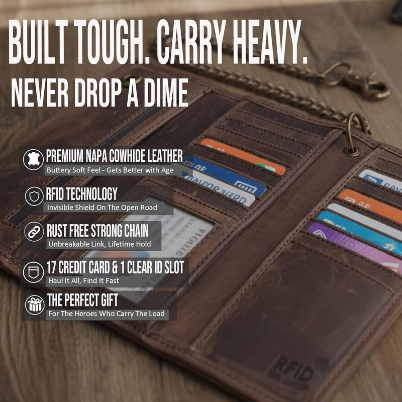 IBRO VINTAGE Motorcycle Chain Wallet for Men - Premium Cowhide Leather RFID Tri-Fold Biker Wallet - Image 2