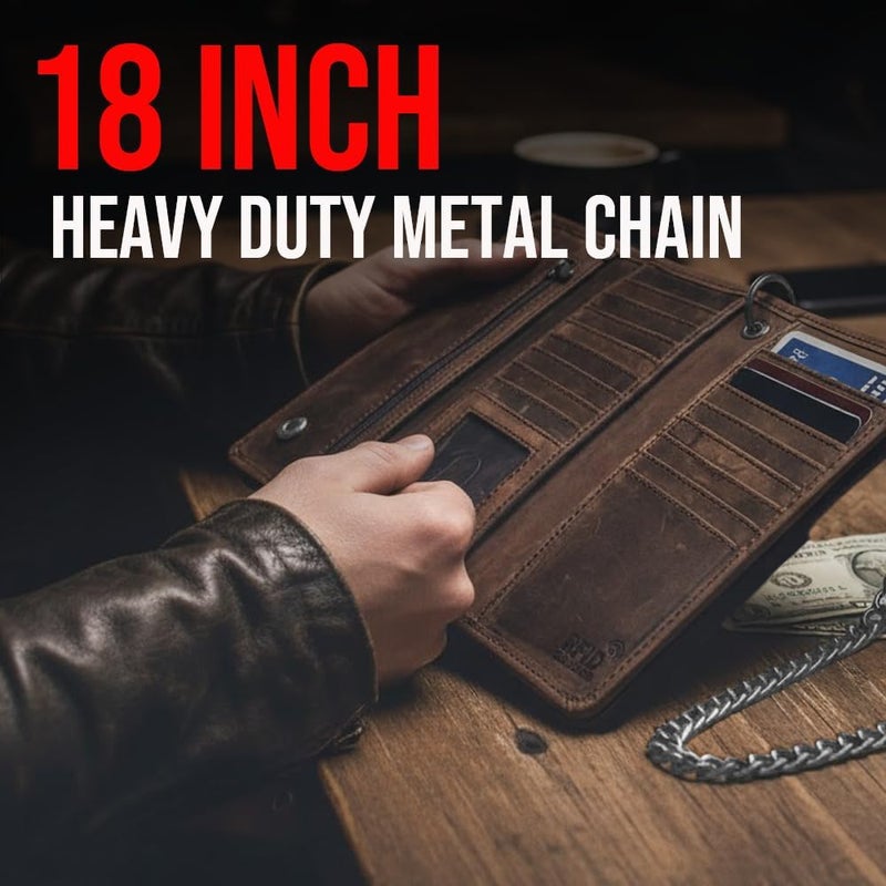 IBRO VINTAGE Motorcycle Chain Wallet for Men - Premium Cowhide Leather RFID Tri-Fold Biker Wallet - Image 5