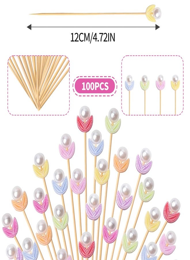 Boan 100PCS Fancy Toothpicks for Appetizers, 4.7 Inch Pearl Flower Skewers for Appetizers, Cocktail Picks for Drinks, Sandwich Fruit Charcuterie Party Decorations - Image 2