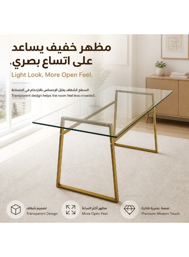 HXDream Modern Rectangular Glass Dining Table,Tempered Glass Top Desk with Gold Metal Frame, Contemporary Rectangle Kitchen Table for 4 People for Dining Room, Living Room, Home Office - Image 2
