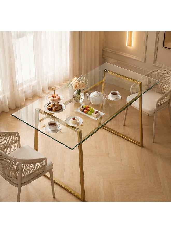HXDream Modern Rectangular Glass Dining Table,Tempered Glass Top Desk with Gold Metal Frame, Contemporary Rectangle Kitchen Table for 4 People for Dining Room, Living Room, Home Office - Image 3