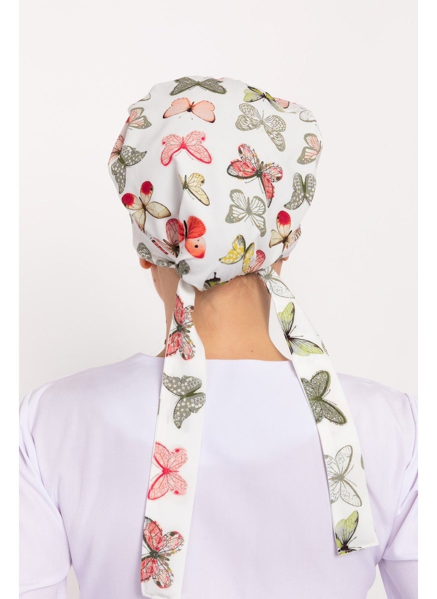 Nur Medikal Giyim Nur Medical Clothing Green Butterfly Patterned Hijab Doctor Nurse Hospital Cook Surgical Cap  - Image 2
