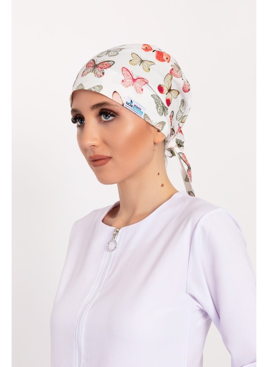 Nur Medikal Giyim Nur Medical Clothing Green Butterfly Patterned Hijab Doctor Nurse Hospital Cook Surgical Cap  - Image 1