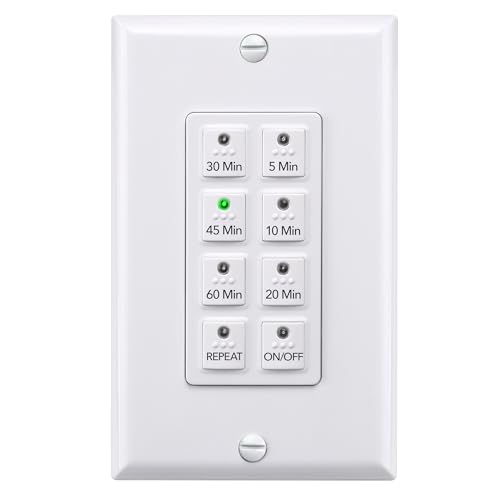 BN-LINK Countdown Digital Wall Timer Switch for Exhaust Fan with Push Button 5-10-20-30-45-60mins, Bathroom Fan Light Switch Timer Indoor, Neutral Required, Wall Plate Included, White - Image 1