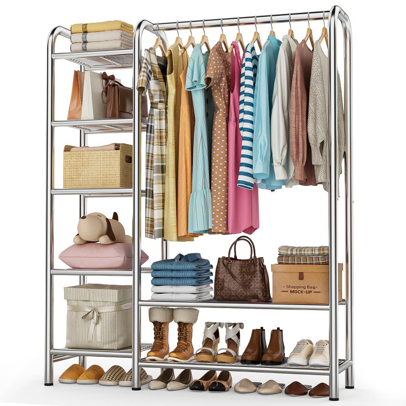 VOZZYOTO Heavy Duty Clothes Rack with 5 Tiers Shelves, Max Load 670LBS, Portable Freestanding Multi-Functional Metal Clothing Rack with Hanging Rods Organizer System for Bedroom Closet Wardrobe, Chrome - Image 1