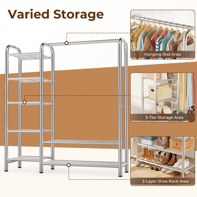 VOZZYOTO Heavy Duty Clothes Rack with 5 Tiers Shelves, Max Load 670LBS, Portable Freestanding Multi-Functional Metal Clothing Rack with Hanging Rods Organizer System for Bedroom Closet Wardrobe, Chrome - Image 2