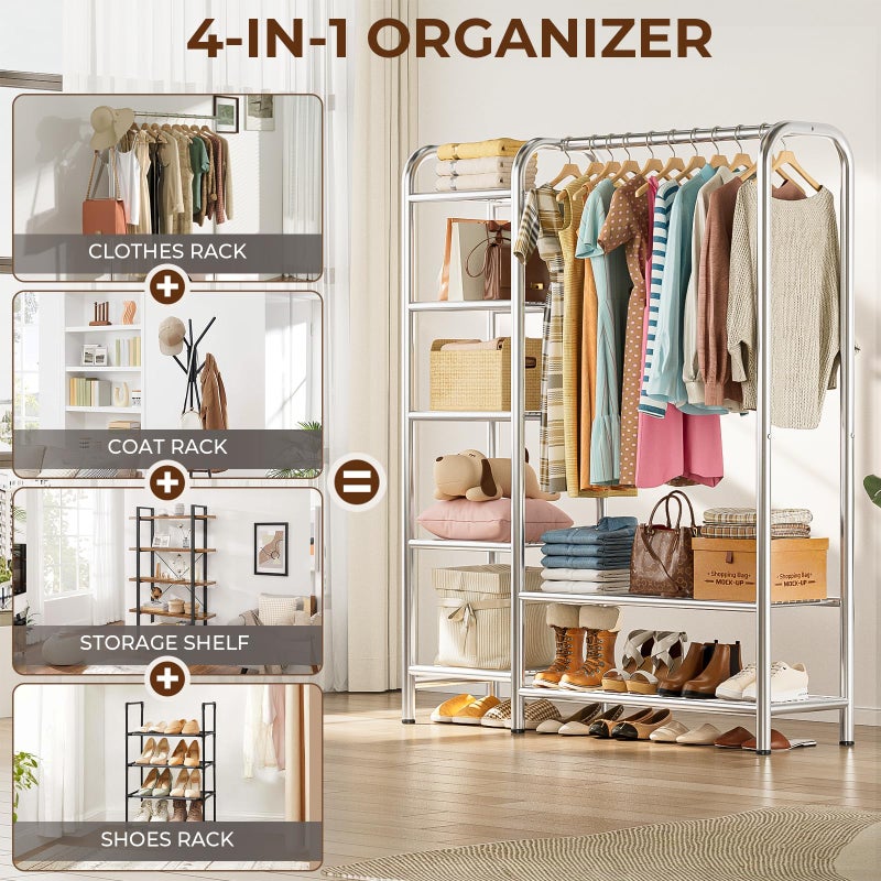 VOZZYOTO Heavy Duty Clothes Rack with 5 Tiers Shelves, Max Load 670LBS, Portable Freestanding Multi-Functional Metal Clothing Rack with Hanging Rods Organizer System for Bedroom Closet Wardrobe, Chrome - Image 3