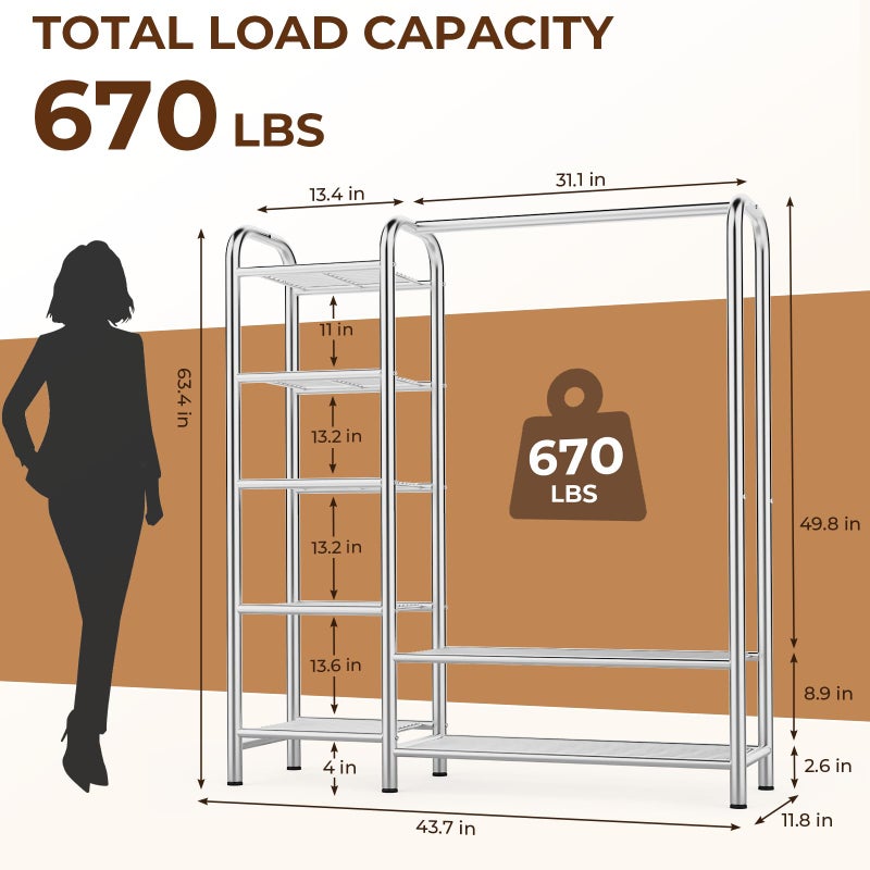 VOZZYOTO Heavy Duty Clothes Rack with 5 Tiers Shelves, Max Load 670LBS, Portable Freestanding Multi-Functional Metal Clothing Rack with Hanging Rods Organizer System for Bedroom Closet Wardrobe, Chrome - Image 5