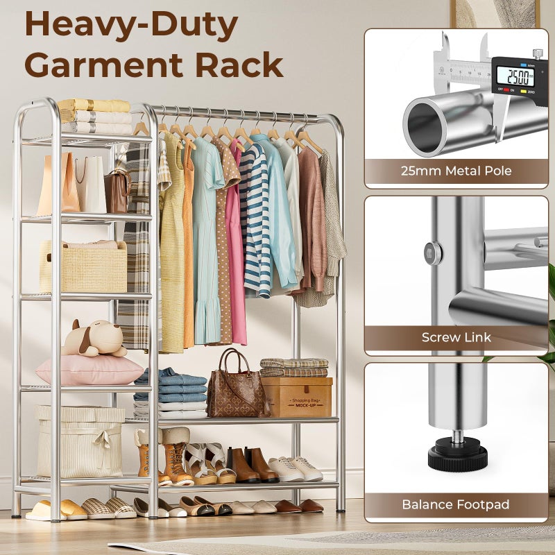 VOZZYOTO Heavy Duty Clothes Rack with 5 Tiers Shelves, Max Load 670LBS, Portable Freestanding Multi-Functional Metal Clothing Rack with Hanging Rods Organizer System for Bedroom Closet Wardrobe, Chrome - Image 4