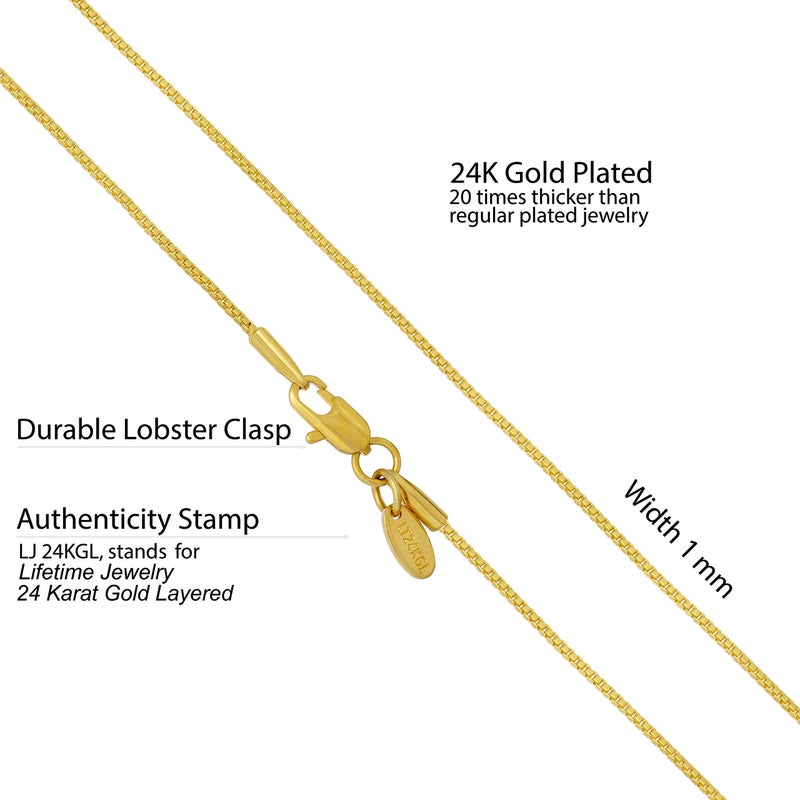 LIFETIME JEWELRY 1mm Box Chain Necklace for Women and Men 24k Real Gold Plated (20 inches, Gold) - Image 3