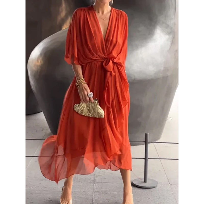 2026 New European and American Women's Solid Color Lace-Up Long Dress Irregular Hem Plus Size