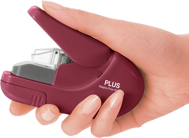 Plus Paper Clinch Compact Staple-Free Stapler, Burgundy Red Widely used design - Image 2