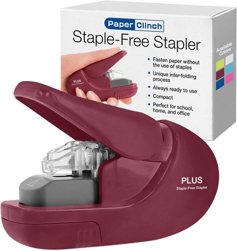 Plus Paper Clinch Compact Staple-Free Stapler, Burgundy Red Widely used design - Image 1