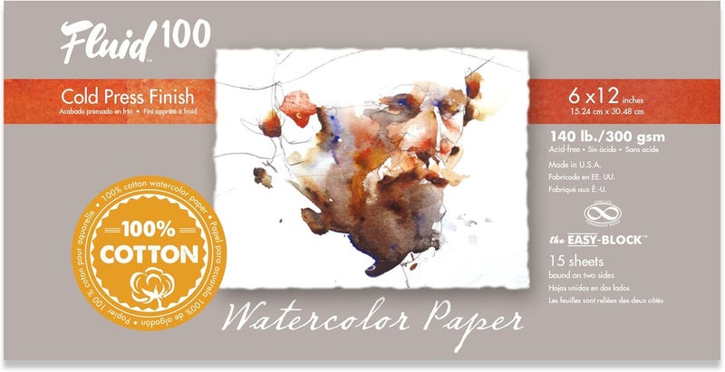 Speedball Fluid 100 Watercolor Paper Block, 6 x 12 inches, 15 Sheets, 140 lb (300 GSM) 100% Cotton Cold Press Pad for Artist Painting and Wet Media - Image 1