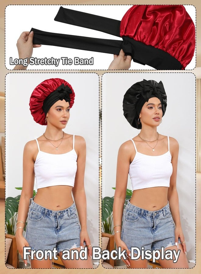 CHLINS Satin Bonnet Silk Bonnet for Sleeping Silk Sleep Cap Double Layer Hair Bonnet with Elastic Tie Band for Curly Hair Night Cap (Black+Wine red) - Image 2