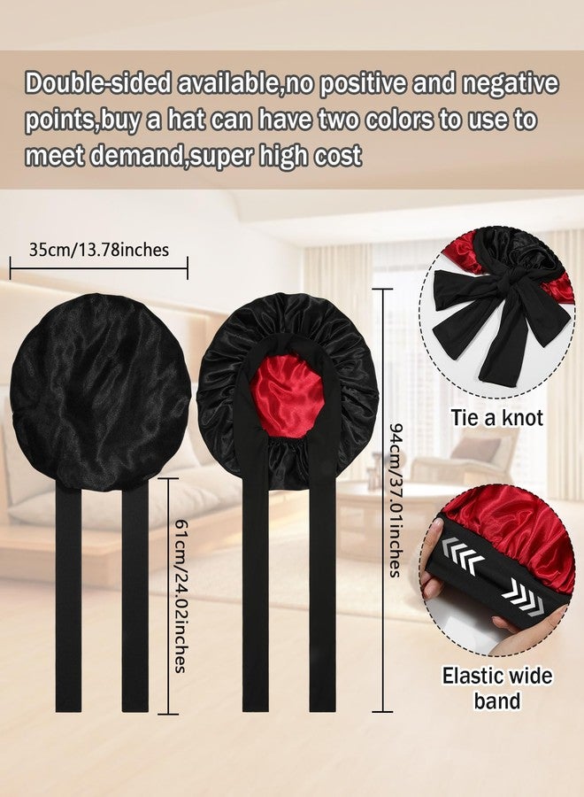 CHLINS Satin Bonnet Silk Bonnet for Sleeping Silk Sleep Cap Double Layer Hair Bonnet with Elastic Tie Band for Curly Hair Night Cap (Black+Wine red) - Image 3