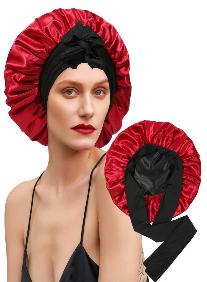 CHLINS Satin Bonnet Silk Bonnet for Sleeping Silk Sleep Cap Double Layer Hair Bonnet with Elastic Tie Band for Curly Hair Night Cap (Black+Wine red) - Image 1