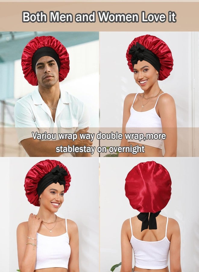 CHLINS Satin Bonnet Silk Bonnet for Sleeping Silk Sleep Cap Double Layer Hair Bonnet with Elastic Tie Band for Curly Hair Night Cap (Black+Wine red) - Image 4