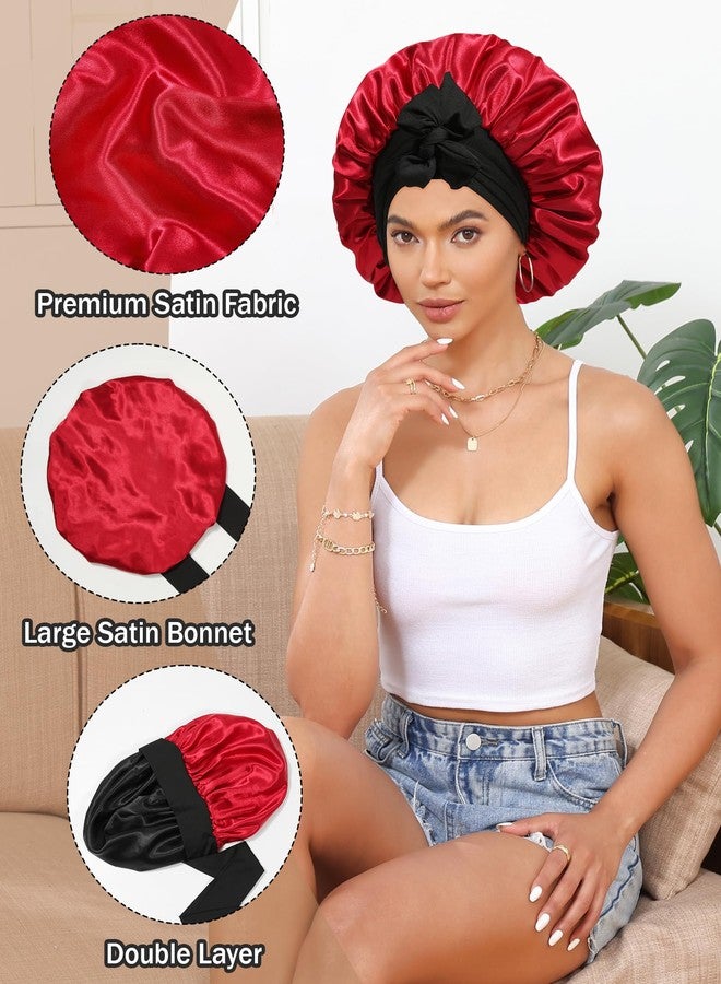 CHLINS Satin Bonnet Silk Bonnet for Sleeping Silk Sleep Cap Double Layer Hair Bonnet with Elastic Tie Band for Curly Hair Night Cap (Black+Wine red) - Image 5