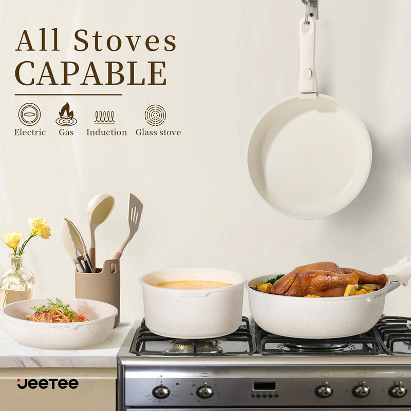Jeetee Pots and Pans Set Non Stick 19pcs, Kitchen Cookware Sets with Detachable Handle, Induction Nonstick Cookware Set with Removable Handle, Stackable RV Cookware, Oven Safe, PFOA Free, Beige - Image 4