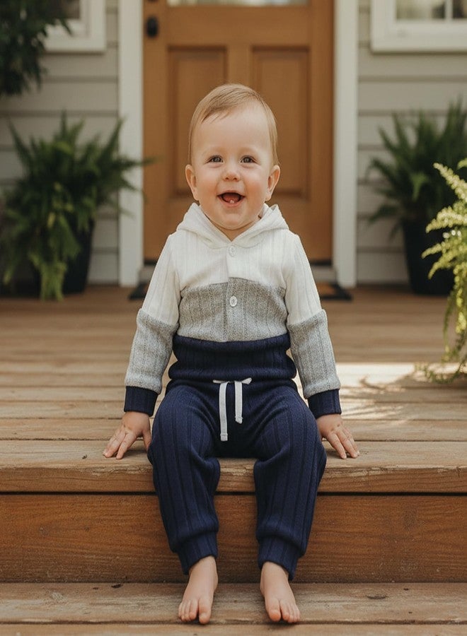 Giraropa Newborn Baby Boy Clothes Rib Knit Romper Jumpsuit Solid Sweater Sweatsuit 2Pcs Joggers Pant Set Fall Winter Clothes (Blue hoodie, 3-6 Months) - Image 4