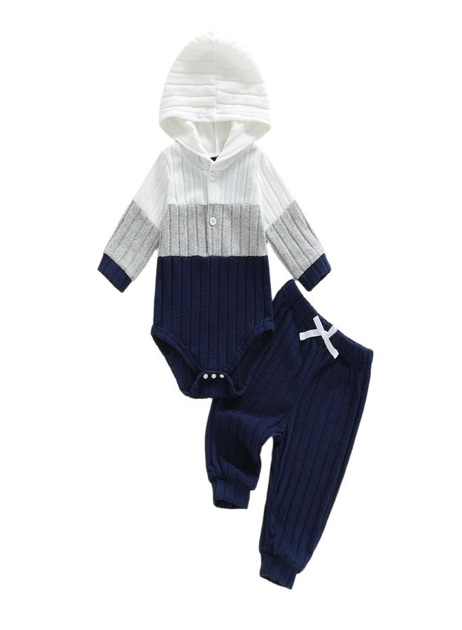 Giraropa Newborn Baby Boy Clothes Rib Knit Romper Jumpsuit Solid Sweater Sweatsuit 2Pcs Joggers Pant Set Fall Winter Clothes (Blue hoodie, 3-6 Months) - Image 1