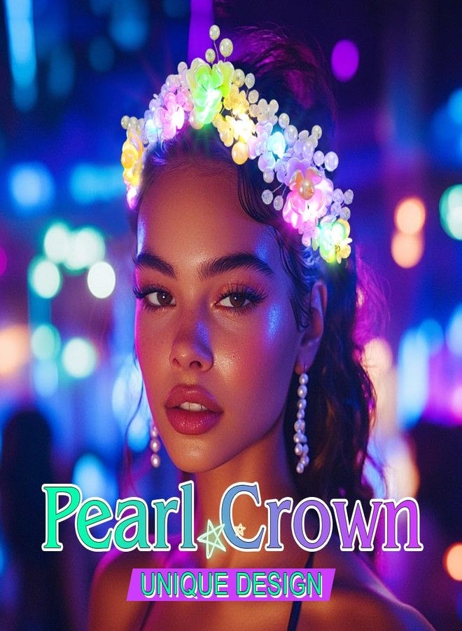 EARENT Light Up Flower Crown Pearl Headpiece Glow Floral Rave Costume Hair Accessories for Women - Image 5