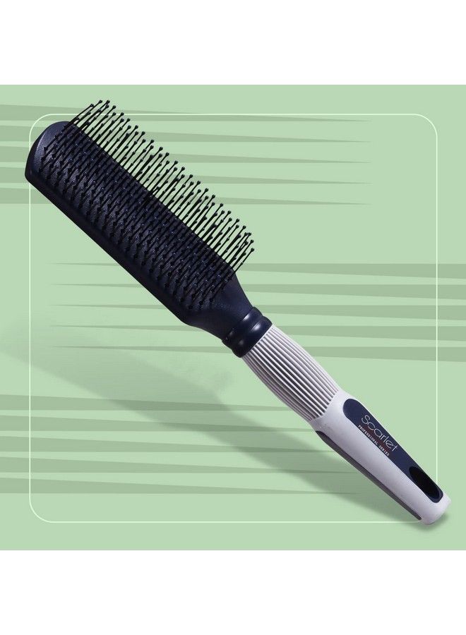 Scarlet Line Professional 9 Rows Large Flat Hair Brush With Anti Slip Rubber Grip Handle Ball Tip Nylon Bristles For Hair Styling Navy Blue N Silver - Image 3