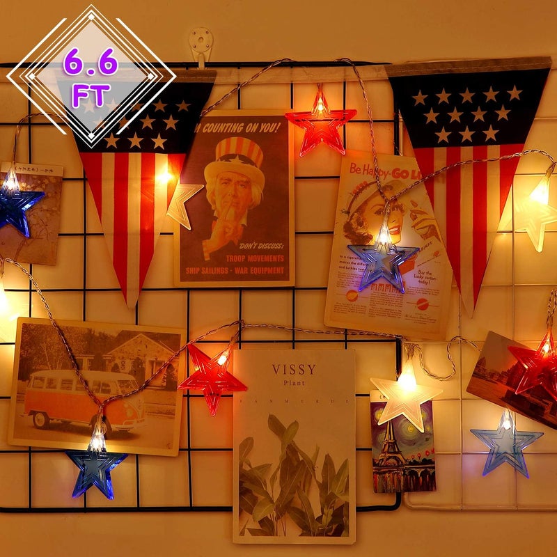 كلاراكو سلسلة أضواء نجمة عيد الاستقلال باللونين الأحمر والأبيض والأزرق من كلاركو، 6.6 قدم، 12 مصباح ليد، إضاءة علم النجوم الأمريكية، أضواء الأبطال، ديكور داخلي وخارجي، 4 يوليو، وطني (عبوة واحدة) - Image 2