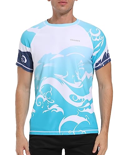 VAYAGER Men's Swim Shirts Rash Guard UPF 50+ T Shirts Quick Dry Loose Fit Water Surfing Shirt(Blue Waves XL) - Image 1