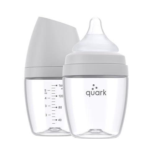 Quark BuubiBottle Mini Slow Flow Bottle for Newborn Babies by Quark with AntiColic RealFeel Nipple to Simulate Breastfeeding BPAFree PVCFree ToxinFree 5 Oz Bottle with Lid 2 Pack Gray - Image 1