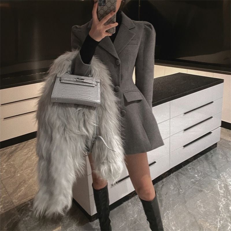2022 Autumn Winter Chic Tweed Dress Coat brown cotton] - Image 5