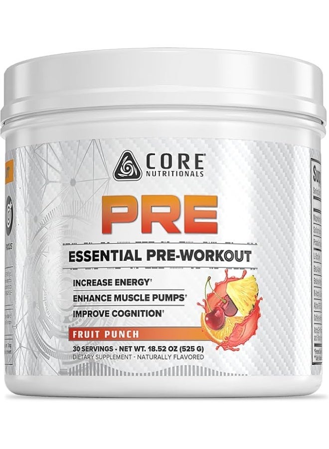 كور نيوتريشنالز بري إسينشال قبل التمرين من Core Nutritionals بنكهة الفروت بانش 525 جم – 30 حصة لدعم الطاقة والأداء الرياضي - Image 1