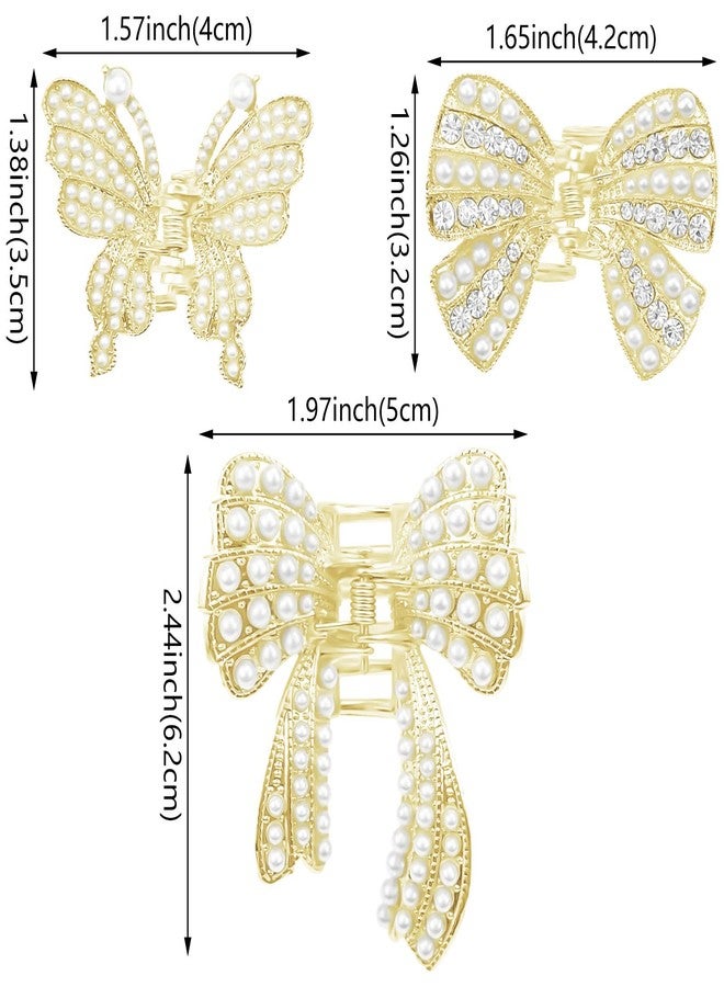 Aswewamt 6 Pcs Gold Pearl Hair Clip Claws, Butterfly Bowknot Rhinestone Fancy Hair Clips, Metal Sparkling Hair Clamps, Hair Styling Accessories for Women Girls - Image 2