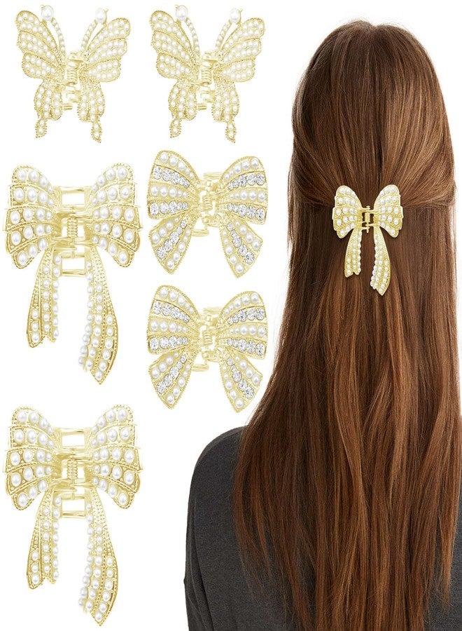 Aswewamt 6 Pcs Gold Pearl Hair Clip Claws, Butterfly Bowknot Rhinestone Fancy Hair Clips, Metal Sparkling Hair Clamps, Hair Styling Accessories for Women Girls - Image 1