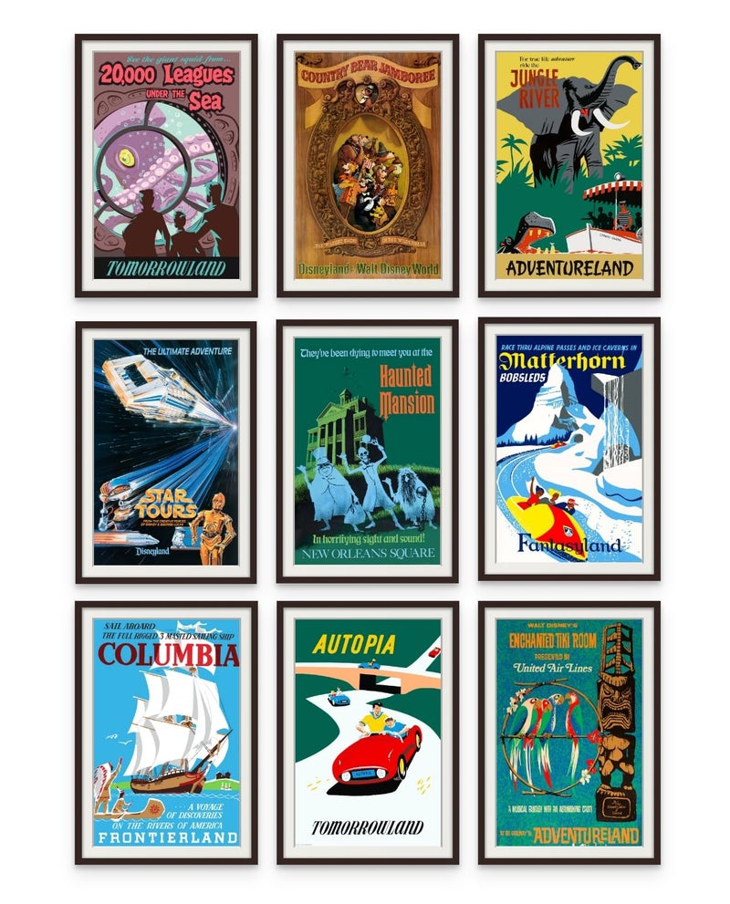 BigWig Prints Vintage Disney Posters - Disneyland Ride Posters, Disney Home Decor Adult, Vintage Retro Wall Art, Haunted Mansion, Disneyland Gifts, Collectibles, Memorabilia - Unframed Reproduction Set of 9 (11x17) - Image 1