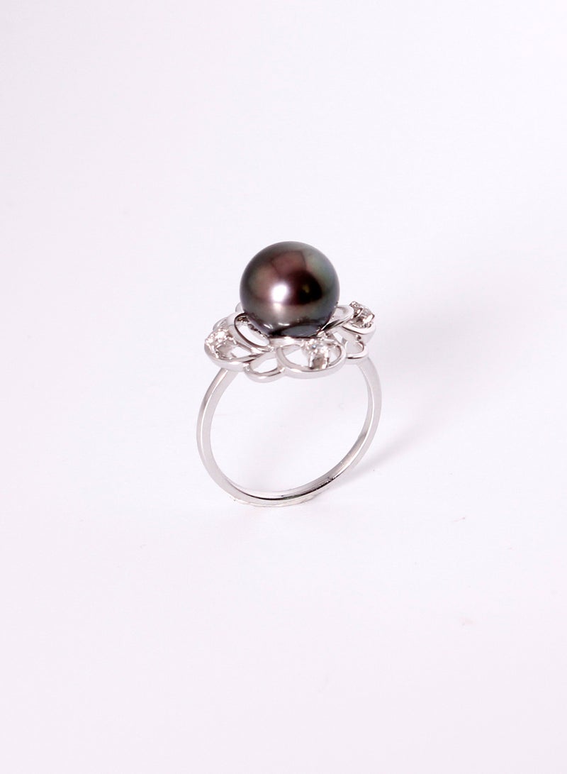MIKURA Ring, Freshwater Pearls, A Quality, Treated Black Color, 9.5-9.0MM, 18KW, 4D-0.10Ct, VS Clarity, G/H Color  - Image 2