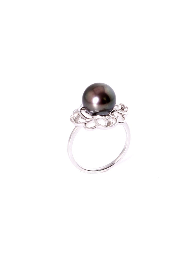 MIKURA Ring, Freshwater Pearls, A Quality, Treated Black Color, 9.5-9.0MM, 18KW, 4D-0.10Ct, VS Clarity, G/H Color  - Image 1
