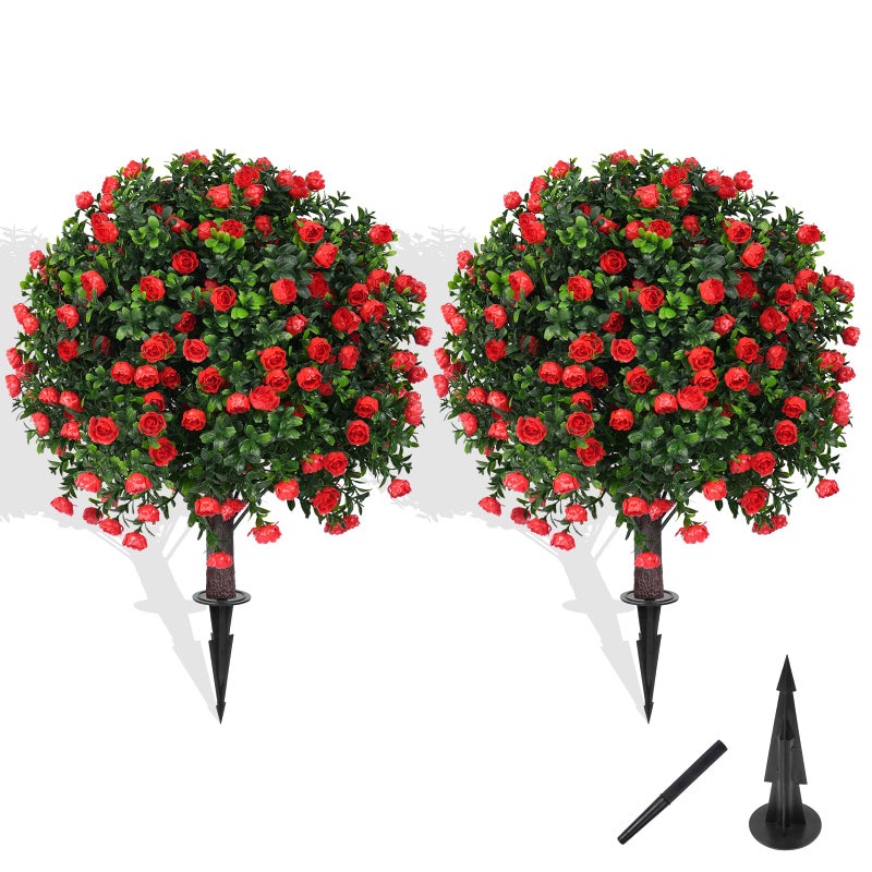 Grooy Artificial Boxwood Topiary Tree with Rose, Set of 2 Artificial Shrub Bushes with Ground Spike, Fake Evergreen Tree for Porch, Artificial Plants for Outdoor Planters Indoor UV Resistant - Image 1