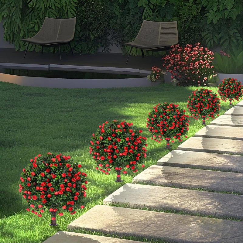 Grooy Artificial Boxwood Topiary Tree with Rose, Set of 2 Artificial Shrub Bushes with Ground Spike, Fake Evergreen Tree for Porch, Artificial Plants for Outdoor Planters Indoor UV Resistant - Image 5