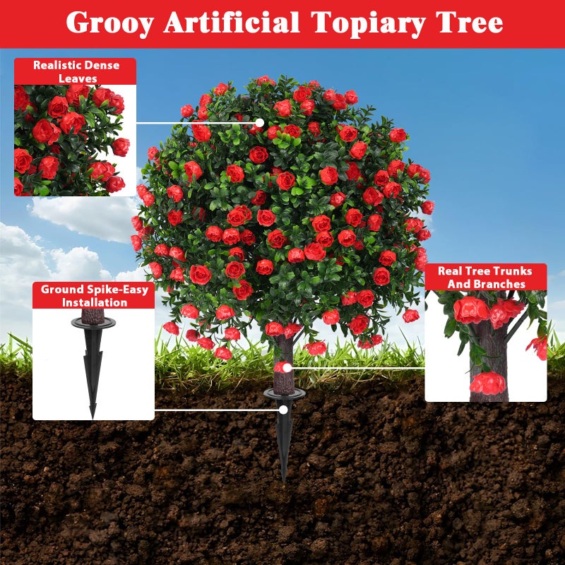 Grooy Artificial Boxwood Topiary Tree with Rose, Set of 2 Artificial Shrub Bushes with Ground Spike, Fake Evergreen Tree for Porch, Artificial Plants for Outdoor Planters Indoor UV Resistant - Image 3