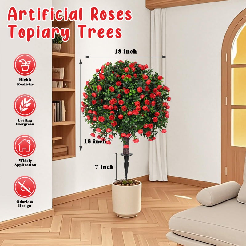 Grooy Artificial Boxwood Topiary Tree with Rose, Set of 2 Artificial Shrub Bushes with Ground Spike, Fake Evergreen Tree for Porch, Artificial Plants for Outdoor Planters Indoor UV Resistant - Image 2