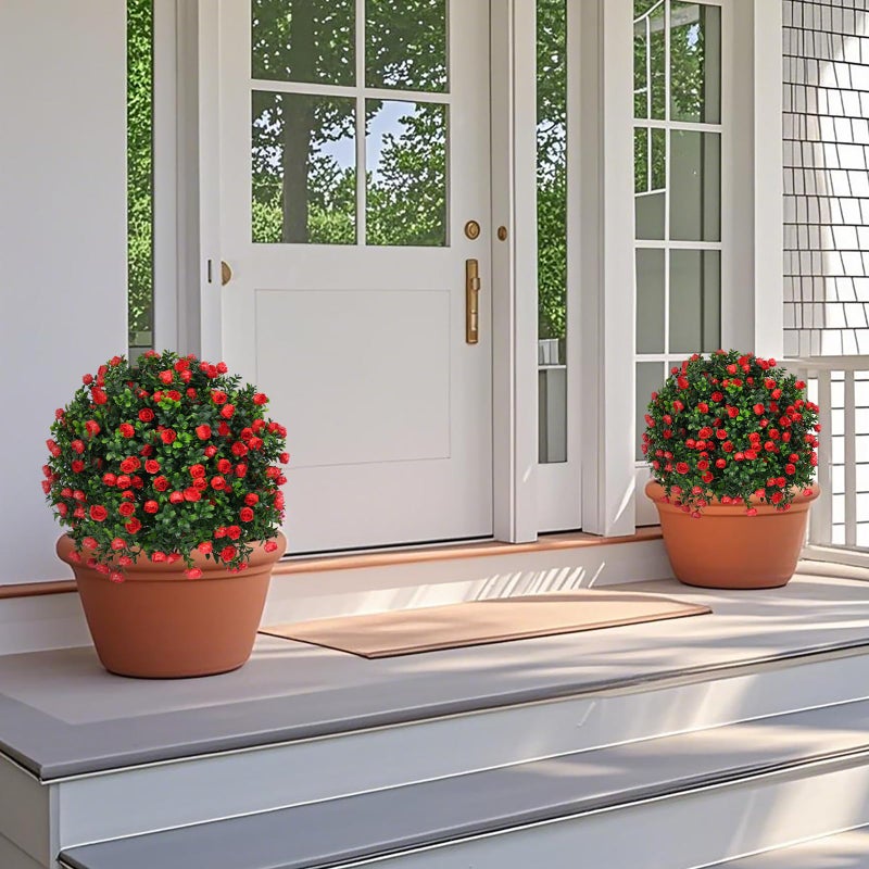 Grooy Artificial Boxwood Topiary Tree with Rose, Set of 2 Artificial Shrub Bushes with Ground Spike, Fake Evergreen Tree for Porch, Artificial Plants for Outdoor Planters Indoor UV Resistant - Image 4