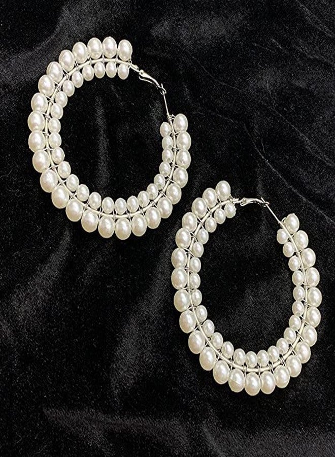 Honbon Pearl Hoop Earrings Round Dangle Earings Modern Fusion Ear Jewelry Kaan ki Baali Hoop Bali Earrings Office Wear for Women,Girls 1pairs - Image 4