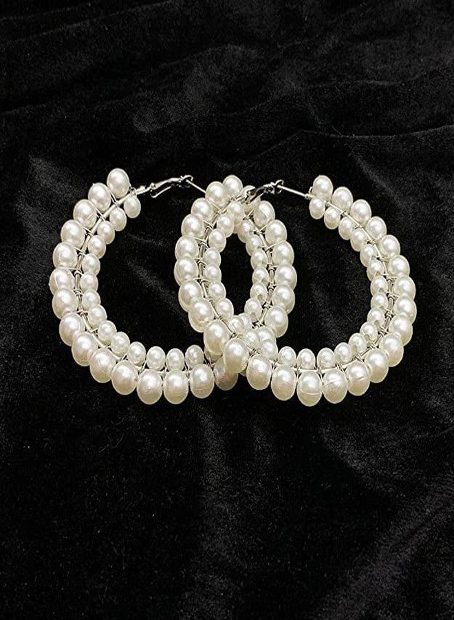 Honbon Pearl Hoop Earrings Round Dangle Earings Modern Fusion Ear Jewelry Kaan ki Baali Hoop Bali Earrings Office Wear for Women,Girls 1pairs - Image 2