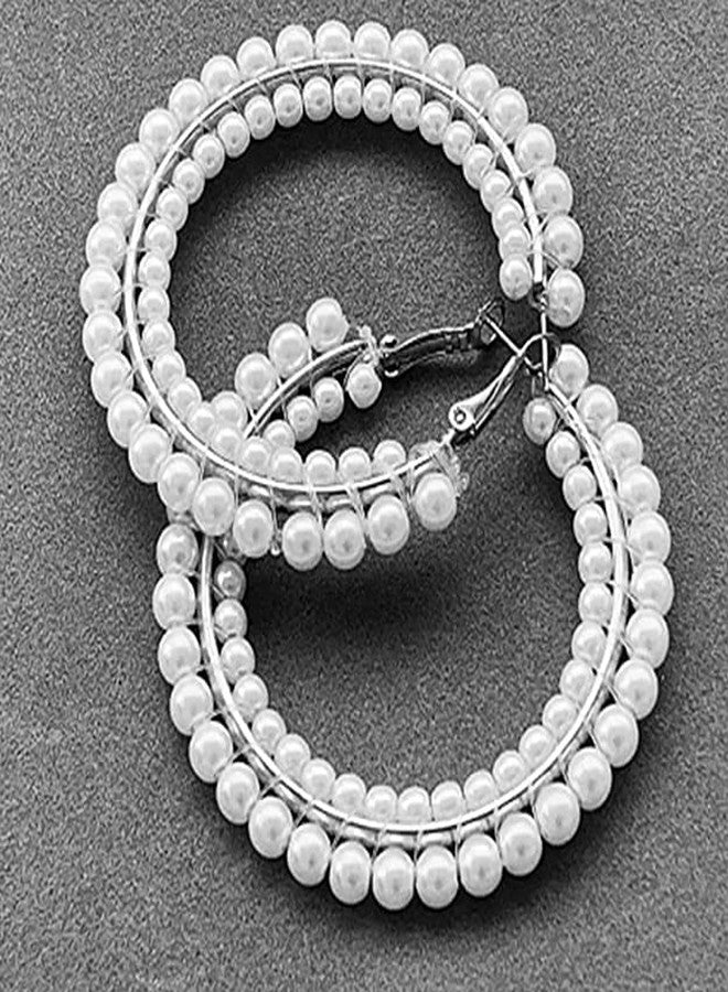 Honbon Pearl Hoop Earrings Round Dangle Earings Modern Fusion Ear Jewelry Kaan ki Baali Hoop Bali Earrings Office Wear for Women,Girls 1pairs - Image 5