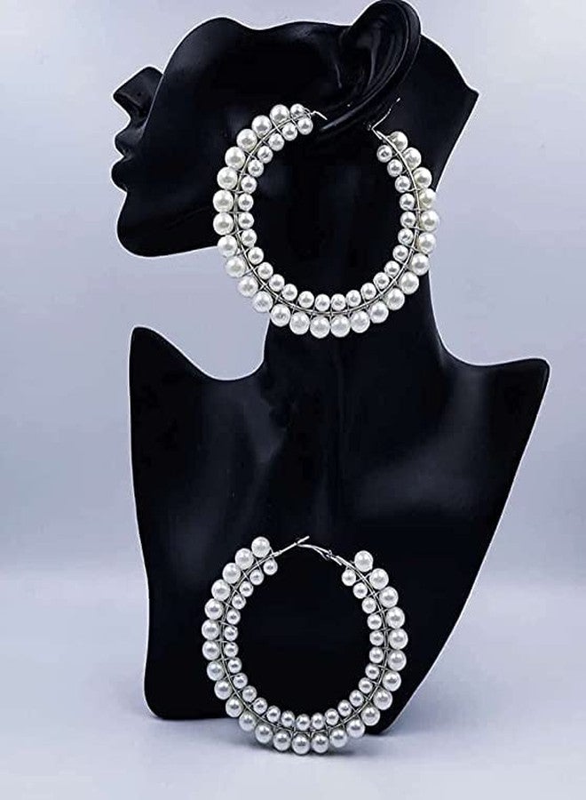 Honbon Pearl Hoop Earrings Round Dangle Earings Modern Fusion Ear Jewelry Kaan ki Baali Hoop Bali Earrings Office Wear for Women,Girls 1pairs - Image 3