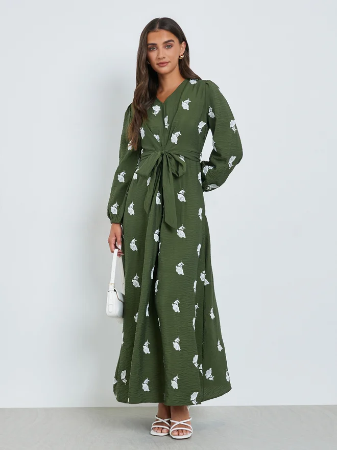 Styli Olive Embroidered Floral Maxi Dress with Tie Belt