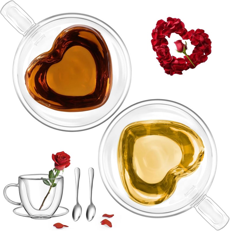 glastal Espresso Cup 5oz Double Walled Glass Coffee Mugs Tea Cups with Handle Saucer Set of 2 Heart Shaped Milk Juice Cups Drinking Glasses Mothers Day Gifts for Mom Birthday Gifts for Wife Grandma - Image 1